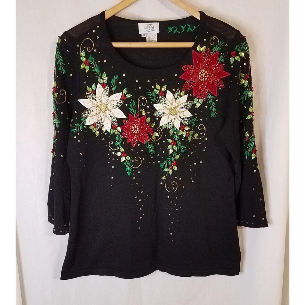 Vintage Just B Christmas Poinsette Sequins Beads‎ Embroidery sweater size medium